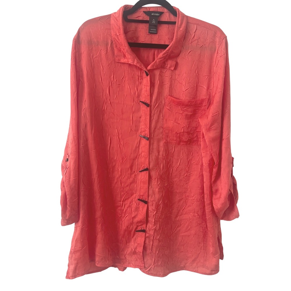 Ali Miles Sz XL Crinkle Texture Shirt Peach Lagenlook‎ Tunic Long Sleeve Artsy